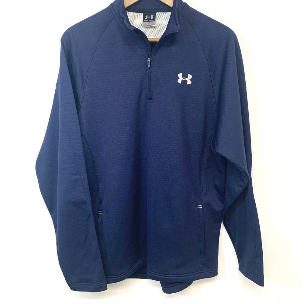 Under Armour 1/4 Zip Long Sleeve Polo Men Medum Blue Pockets Stretch Active